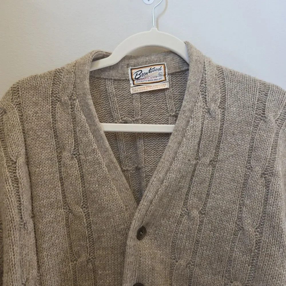 Vtg 50s/60s Brentwood Cable Knit Brown Cardigan Sweater Wool Blend Academia Lg